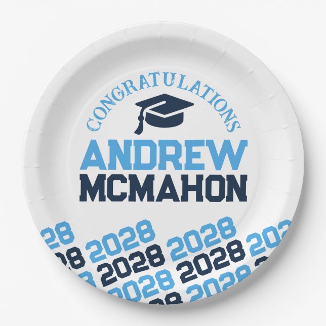 Light Blue & Navy on White Half Repeat Graduation Paper Plates (Front)