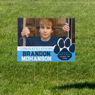 Light Blue & Navy Paw Graduation Photo Senior Yard Sign