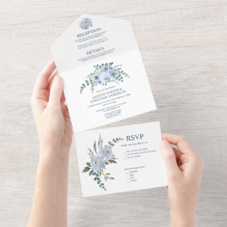 Light Blue & Navy Watercolor Floral | All In One Invitation