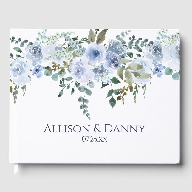 Light Blue & Navy Watercolor Floral Wedding Guest Book (Front)
