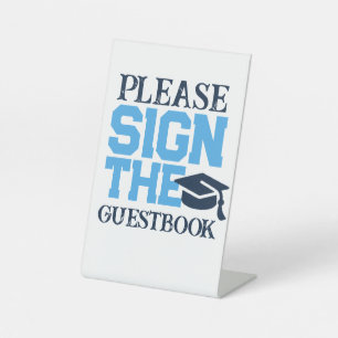 Light Blue, Navy & White Guestbook Graduation Pedestal Sign