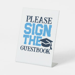 Light Blue, Navy & White Guestbook Graduation Pedestal Sign