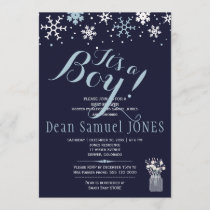 Light blue navy white snowflakes boy baby shower invitation
