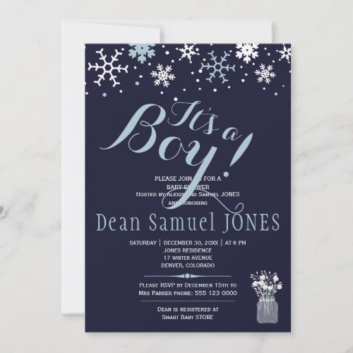 Light blue navy white snowflakes boy baby shower invitation