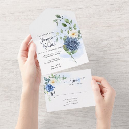 Light Blue Navy Winter White Watercolor Floral A All In One Invitation