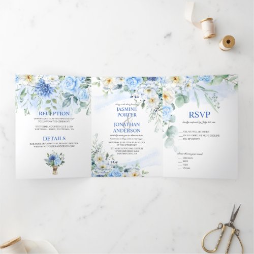 LIght Blue Navy Winter White Watercolor Floral Tri_Fold Invitation