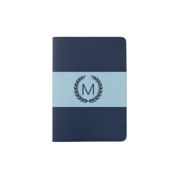 Light Blue & Navy with Laurel Wreath Monogram Passport Holder