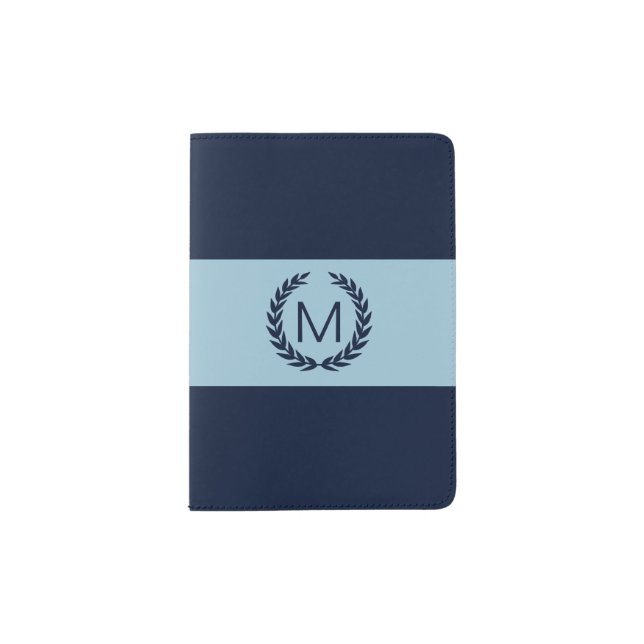 Light Blue & Navy with Laurel Wreath Monogram Passport Holder (Front)