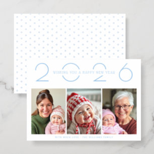 Light blue New Year 2026 three photo collage Letterpress Photo Cards