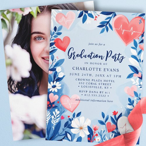 Light Blue Nurse Heart Floral Graduation Photo Invitation