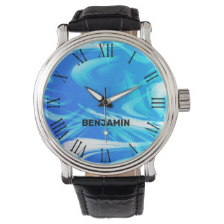 Light Blue Ocean Waves Cool Marbled Custom Name Watch