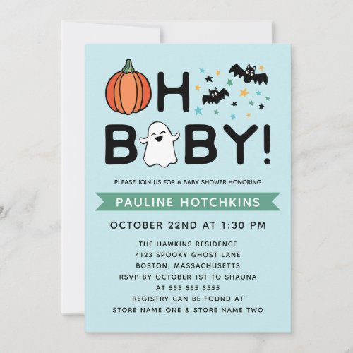 Light Blue Oh Baby Pumpkin Halloween Baby Shower Invitation