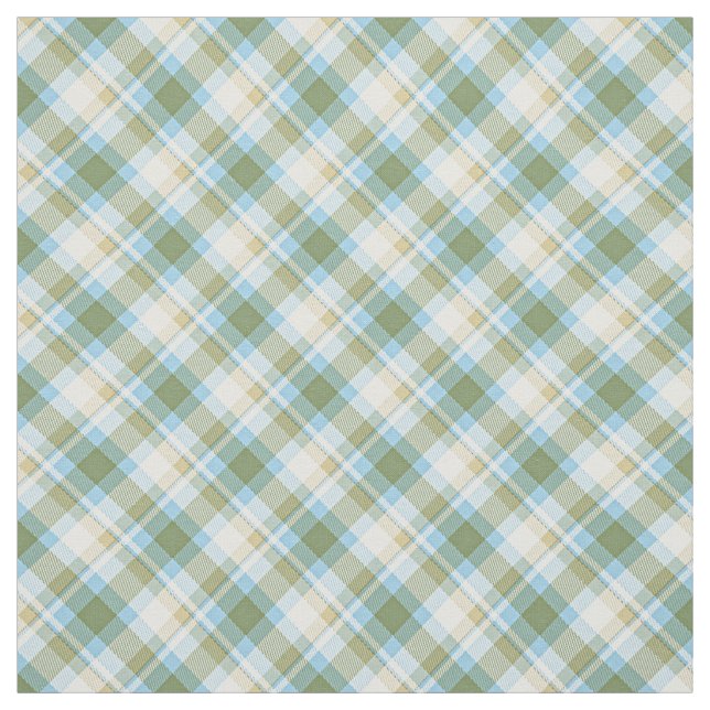 Light Blue Olive Green White Tartan Plaid Pattern Fabric (Swatch)