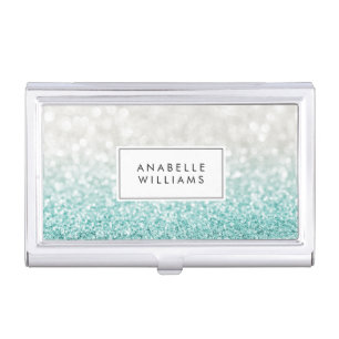 Light Blue Ombre Glitter and Bokeh Pattern Business Card Case