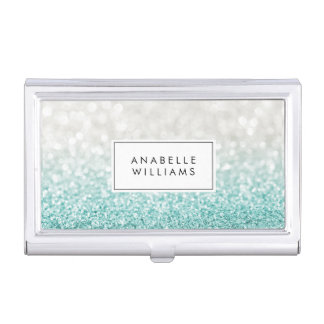 Light Blue Ombre Glitter and Bokeh Pattern Business Card Case