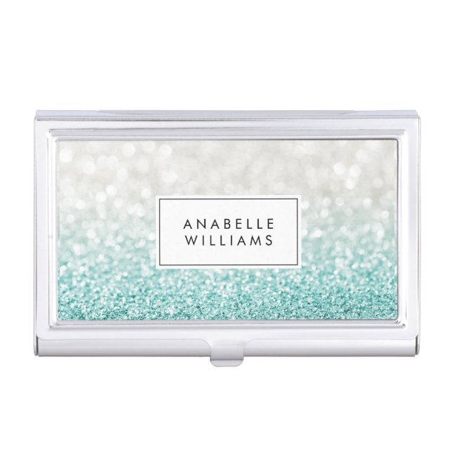 Light Blue Ombre Glitter and Bokeh Pattern Business Card Case (Front)