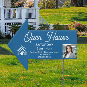 Light Blue Open House Real Estate Logo Arrow Sign