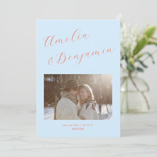 Light Blue Orange Bold Script Couple Names Wedding Save The Date (Standing Front)