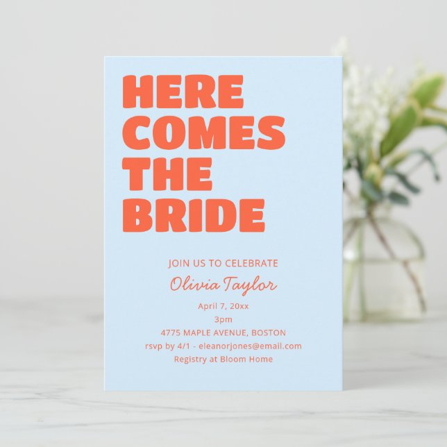 Light Blue Orange Bold Typography Bridal Shower Invitation (Standing Front)