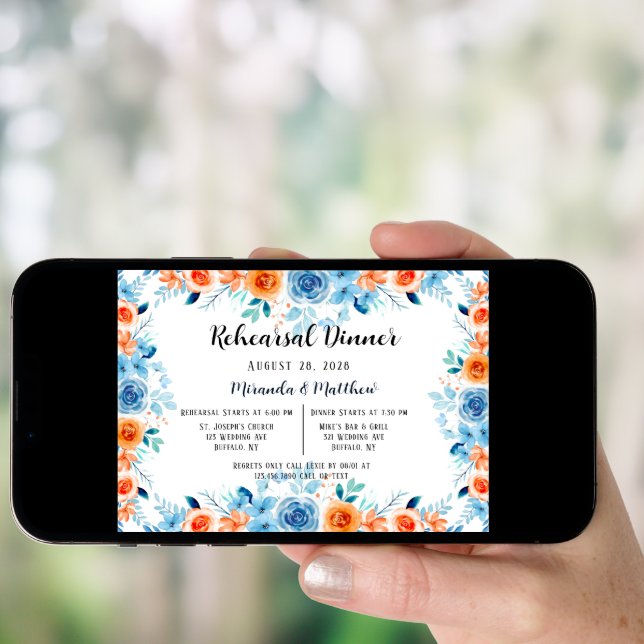 Light Blue Orange Paint Peony Rehearsal Dinner Invitation (Front Digital)