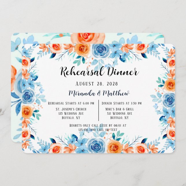 Light Blue Orange Paint Peony Rehearsal Dinner Invitation (Front/Back)