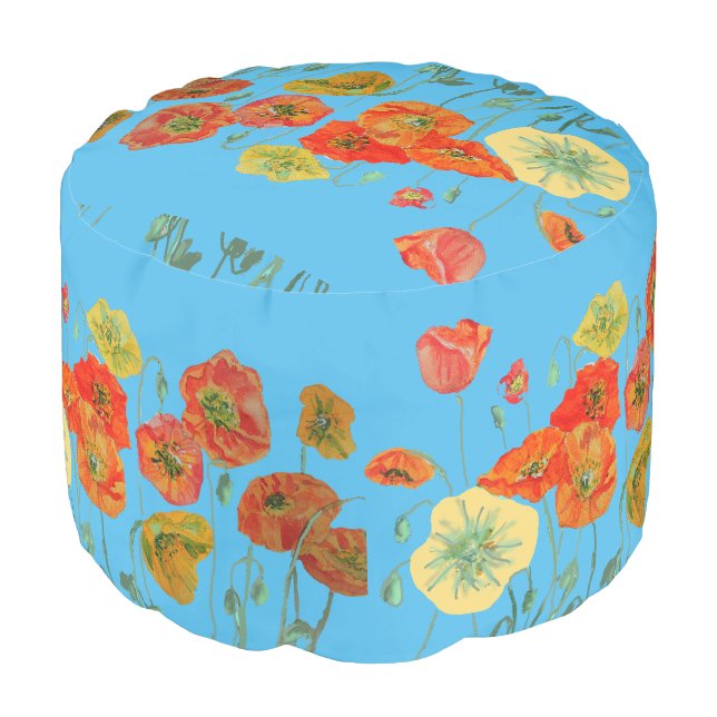 Light Blue Orange Poppy Floral Flowers Pouffe Pouf (Angled Front)