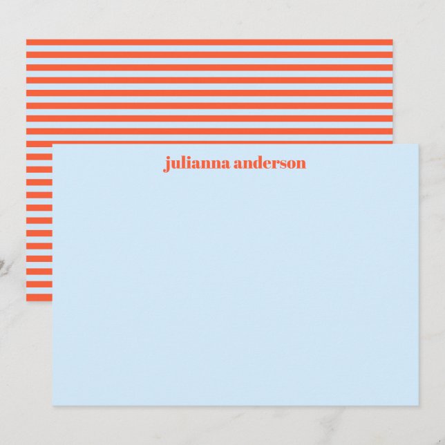 Light Blue Orange Stripe Personalized Stationery Note Card (Front/Back)