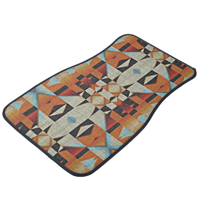 Light Blue Orange Taupe Gray Black Tribal Art Car Floor Mat (Angled)