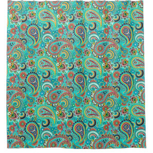 Light Blue Orange Yellow Paisley Pattern Shower Curtain