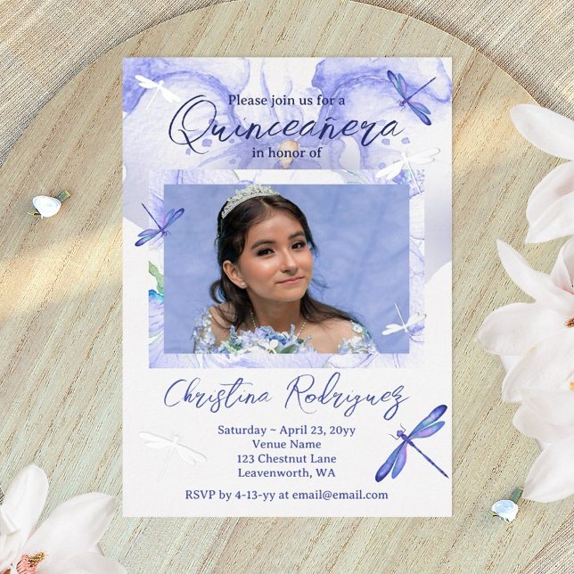 Light Blue Orchid Quinceanera Foil Invitation (dusty blue quinceanera invitations with silver foil dragonflies)