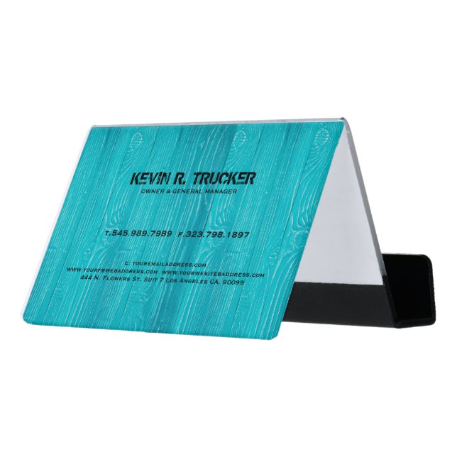 Light blue painted wood planks pattern desk business card holder (Angled Back)