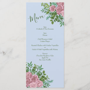 Light Blue & Pale Pink Peony Rose Floral Wedding Menu
