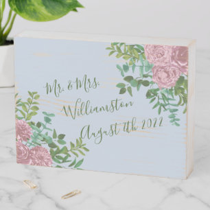 Light Blue & Pale Pink Peony Rose Floral Wedding Wooden Box Sign