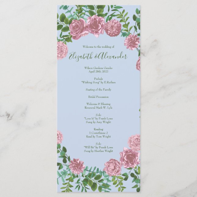 Light Blue & Pale Pink Peony Rose Wedding Program (Front)