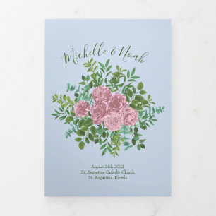 Light Blue & Pale Pink Peony & Rose Wedding Tri-Fold Program