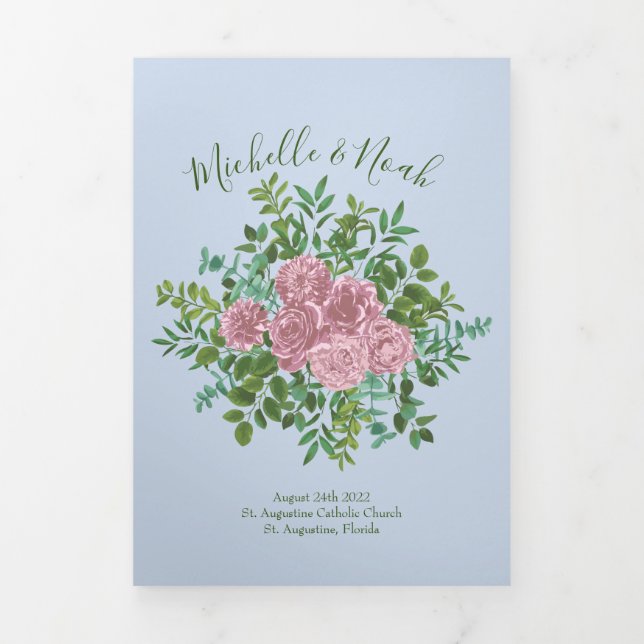 Light Blue & Pale Pink Peony & Rose Wedding Tri-Fold Program (Cover)