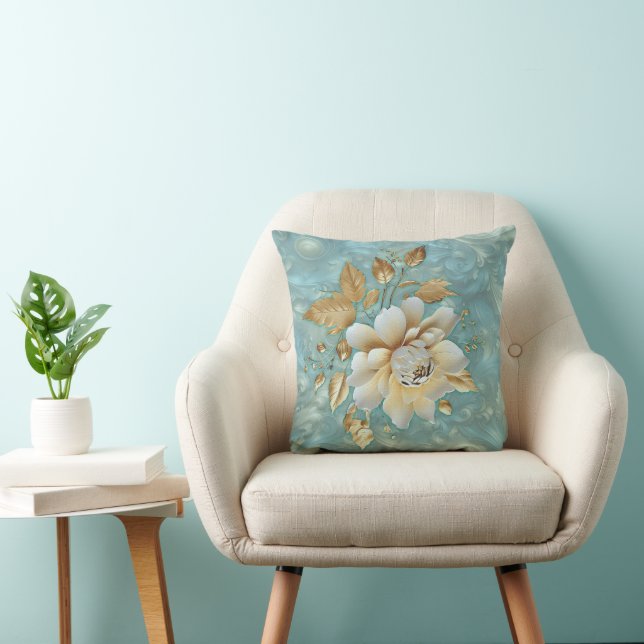 Light Blue-Palette on a Bronze Gold Barogue design Throw Pillow (Chair)