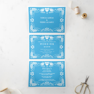 Light blue papel picado love birds wedding Tri-Fold invitation