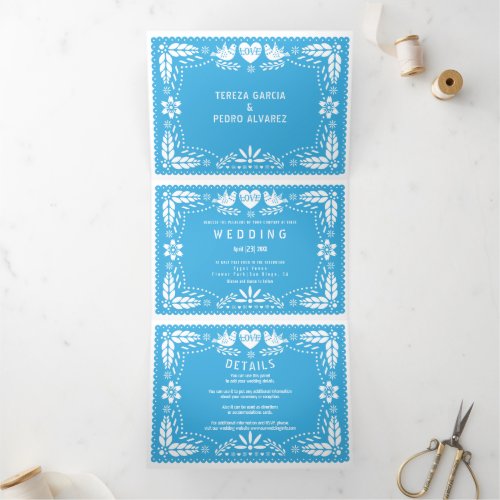 Light blue papel picado love birds wedding Tri_Fold invitation