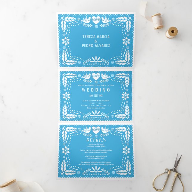 Light blue papel picado love birds wedding Tri-Fold invitation (Inside)