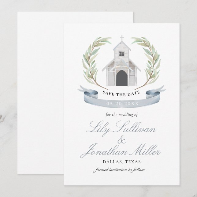 Light Blue Pastel Charming Wedding Church Chapel Save The Date (Front/Back)