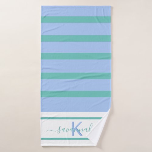 Light blue pastel green white stripes monogram bath towel