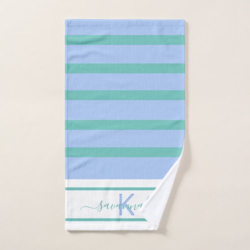 Light blue pastel green white stripes monogram hand towel 