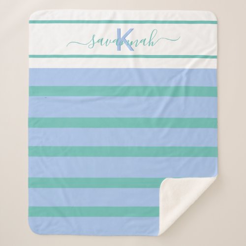 Light blue pastel green white stripes monogram sherpa blanket