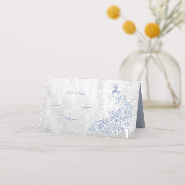 Light Blue Peacock Leaf Vine Reception Place Card (Front)