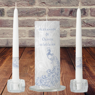 Light Blue Peacock Leaf Vine Unity Candle Set