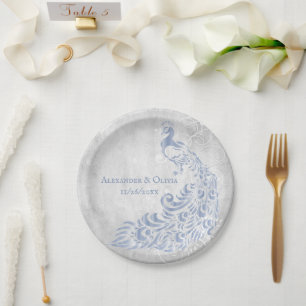 Light Blue Peacock Leaf Vine Wedding Paper Plate
