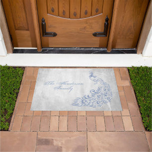 Light Blue Peacock Personalized Door Mat