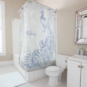 Light Blue Peacock Personalized Shower Curtain