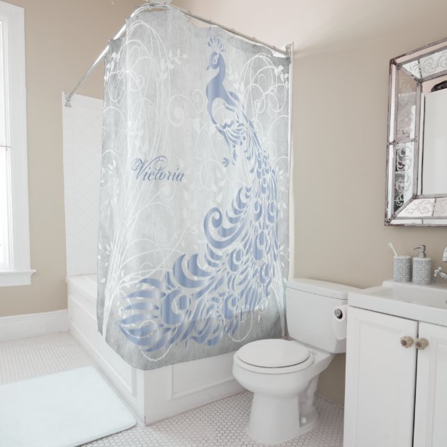 Light Blue Peacock Personalized Shower Curtain (In Situ)